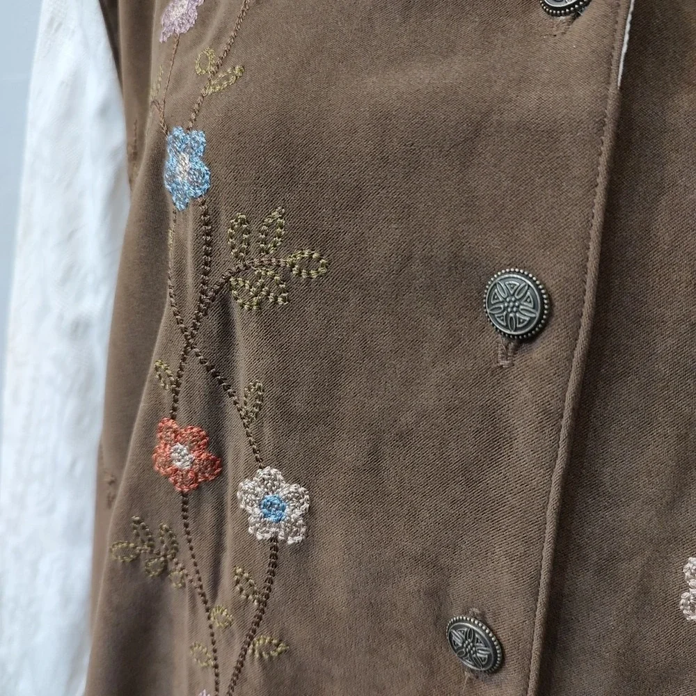 Alfred‎ Dunner Sz 14 Y2K Embroidered Floral Vest Blouse Brown Cottagecore Boho